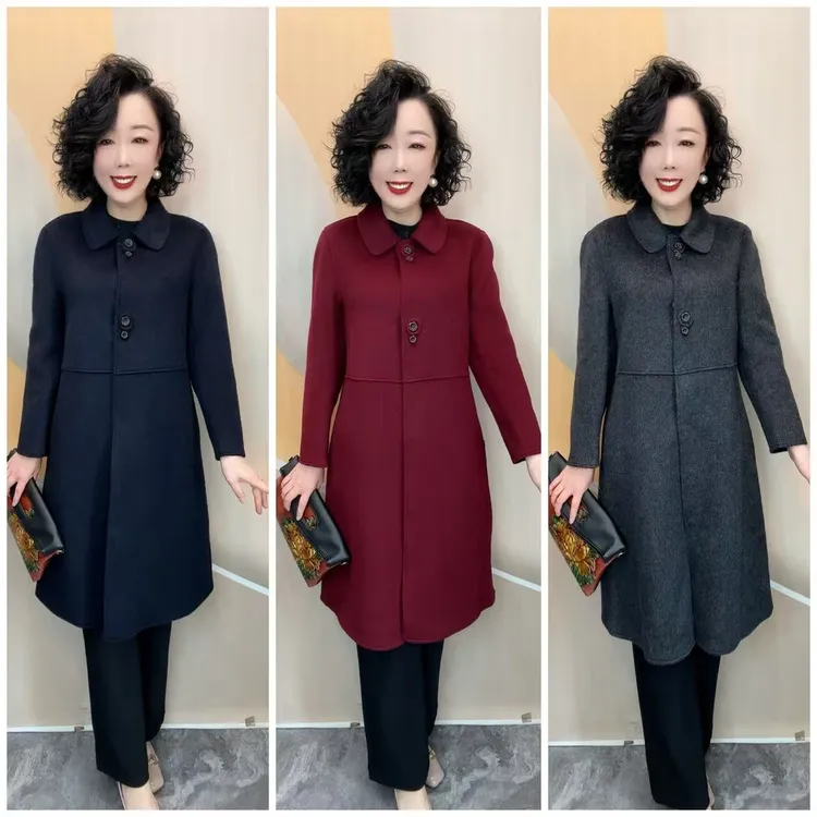 8606新款优雅女人纯色不加衬宽松大码中老年厚大衣外套，103衣长