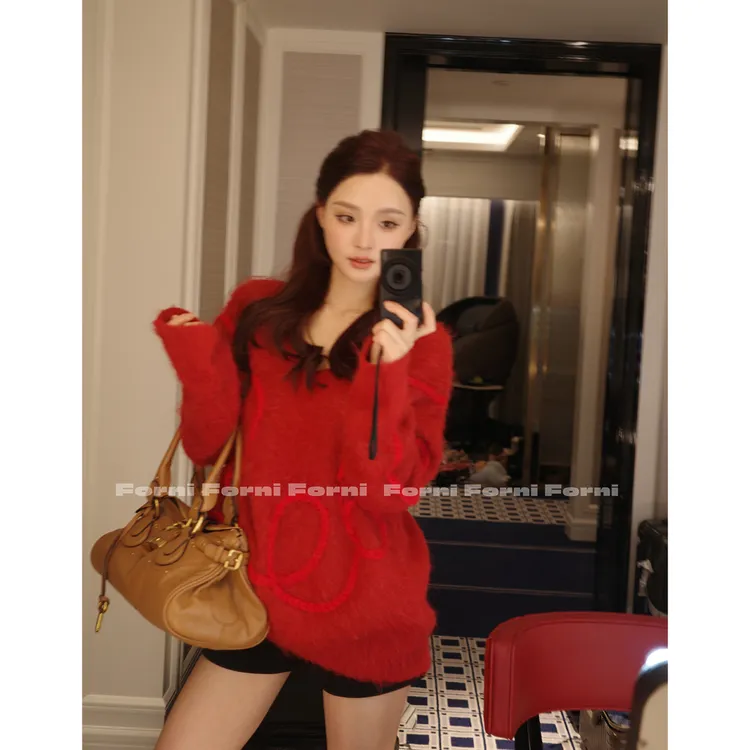 FORNI 火焰毛衣 新年氛围立体图案羊驼毛拉毛针织套头毛衣