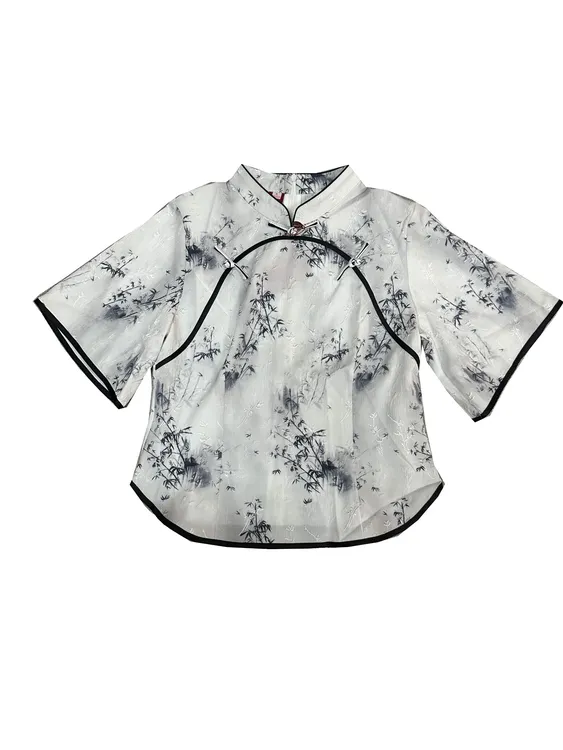 苑绣阁短袖后拉链夏季日常中国风民族风提花唐装领气质上衣薄款