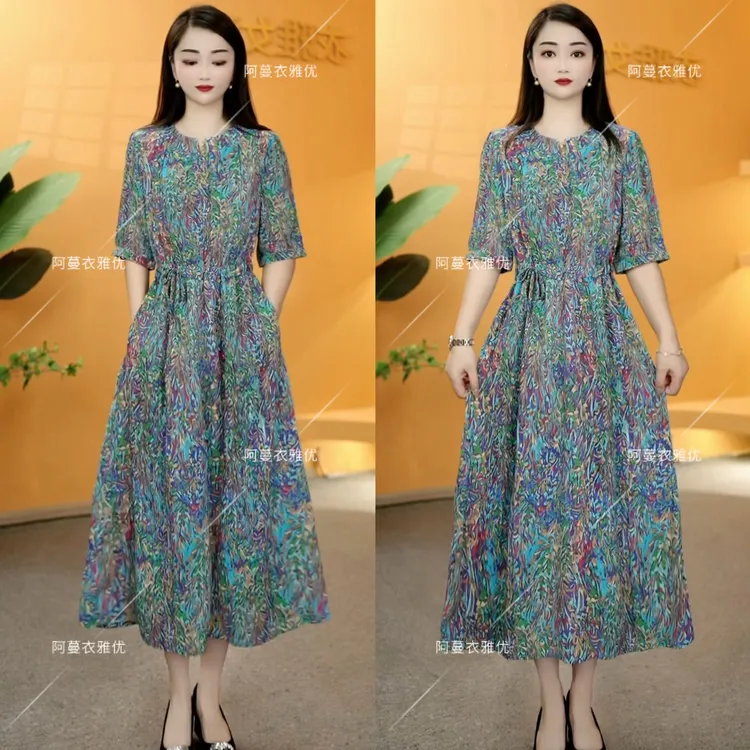 【衣雅严选】8076-2218#新款重磅桑丝缎显瘦系带中袖连衣裙中长裙
