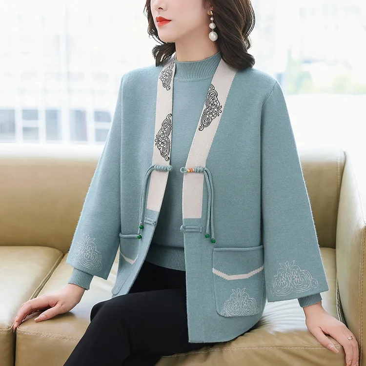 俞兆林妈妈装秋装外套新中式两件套上衣中老年女装春秋洋气针织开