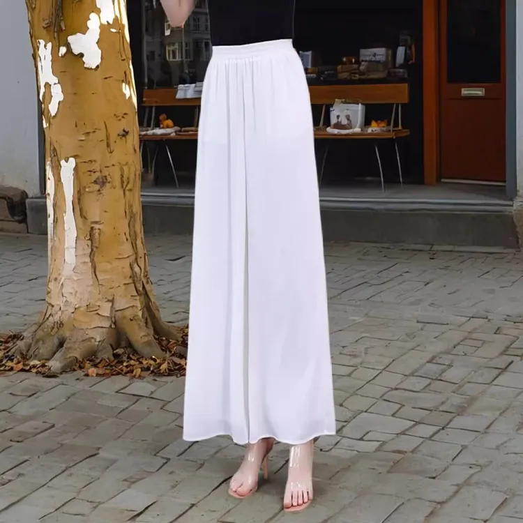 白色冰丝雪纺阔腿裤女2025新款春夏小个子九分裤子高腰显瘦休闲裤