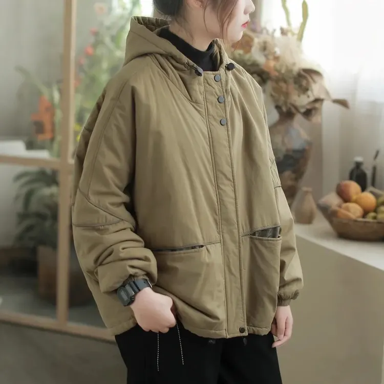 2025年新款棉衣秋冬纯色宽松复古休闲原创帽子通勤百搭女装棉服女