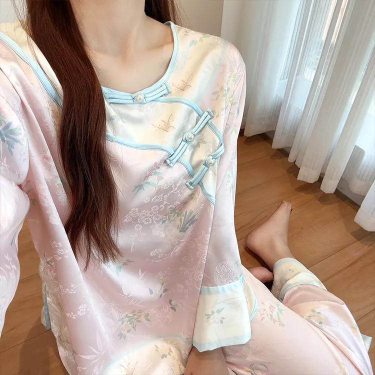 清汉女睡衣新中式古装冰丝长袖春秋款格格宫廷风家居服套装夏季