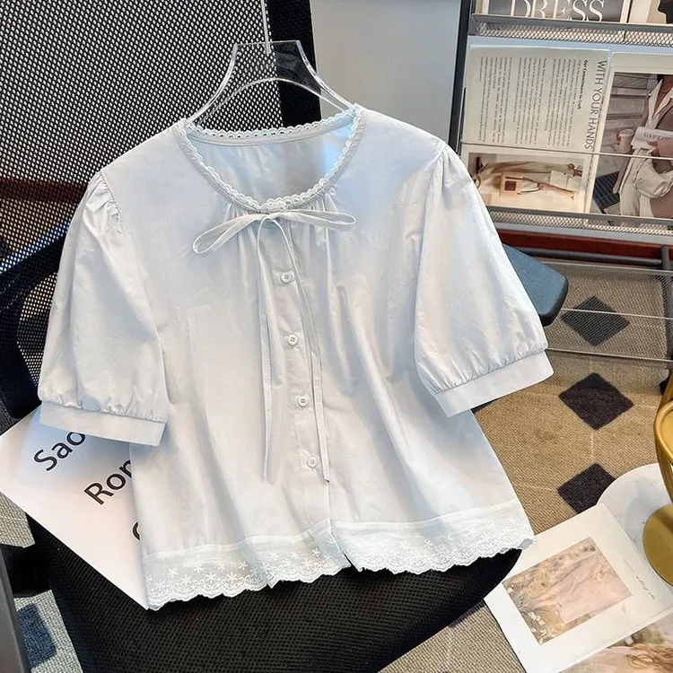 蓝色短款上衣女夏季多巴胺穿搭2025新款娃娃衫短袖小个子纯棉衬衫