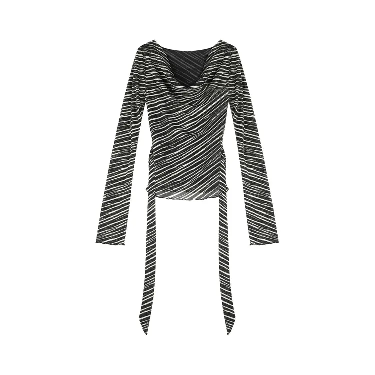 DENGDAHA 「条纹焕新」弹力金丝微透薄纱艺术优雅荡领波浪上衣 A121