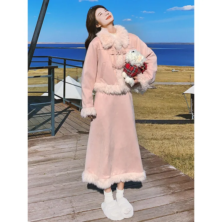 粉色麂皮绒套装裙女毛毛夹棉短款毛领外套两件套连衣裙秋冬季2025
