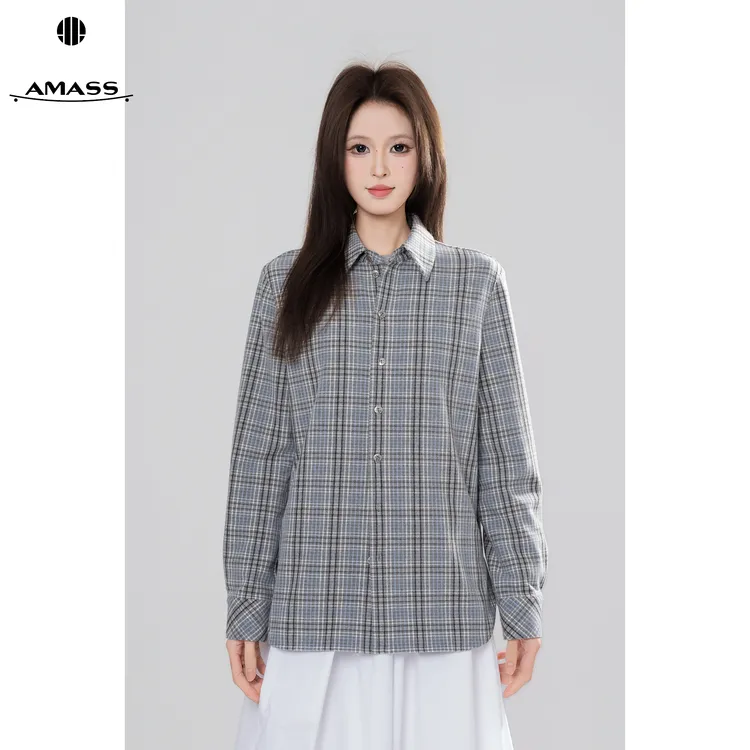 AMASS/阿玛施早春新款复古英伦风格纹休闲单排扣时尚衬衫女530171