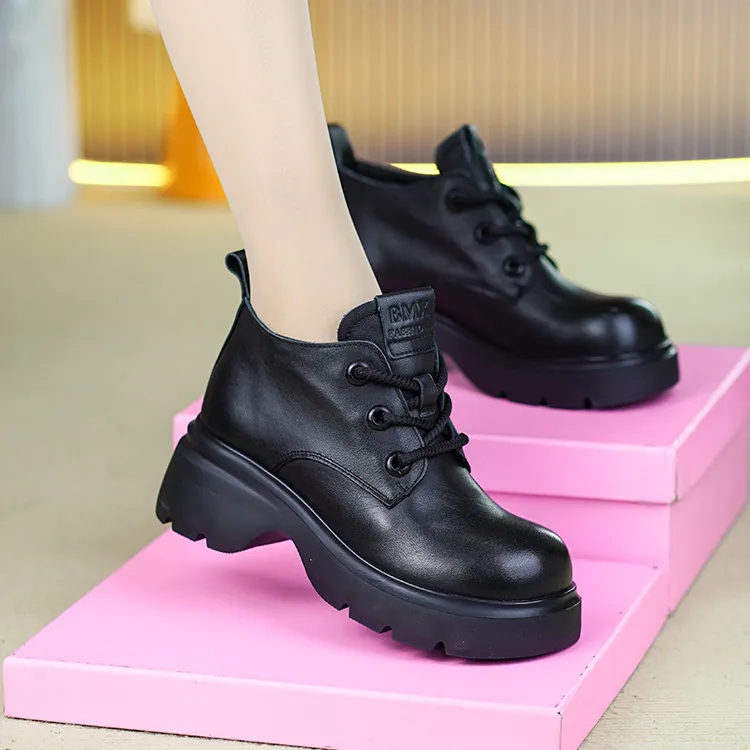 F9035秋冬新款真皮厚底增高马丁靴复古短靴子英伦复古风加绒短靴