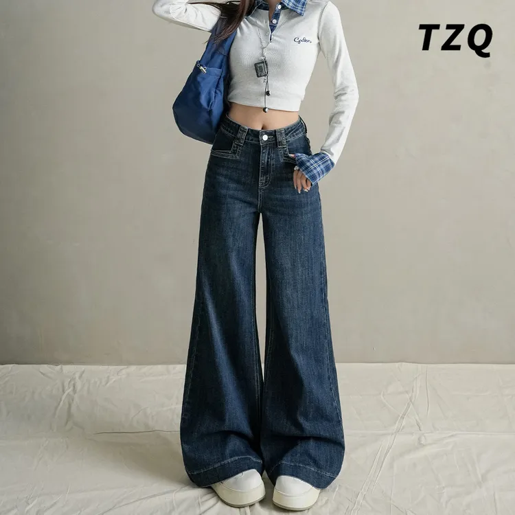 美式复古高腰宽松显瘦喇叭牛仔裤女2025秋季阔腿微喇裤TZQ2590409