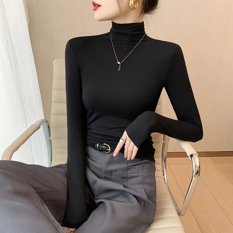 莫代尔黑色高领打底衫女内搭长袖秋冬高级感保暖肌底衣紧身上衣薄