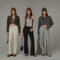 D008【金拐子专属】CHUU撞色拼接微喇修身刺绣直筒高腰休闲裤-F
