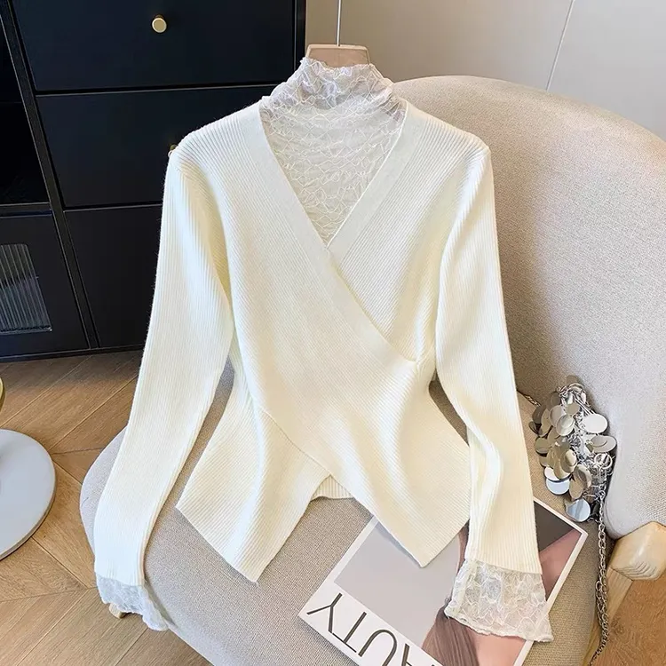 259211网纱拼接半高领女秋冬季新款气质收腰长袖打底衫上衣