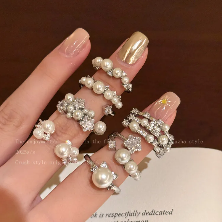 铜合金戒指 法式仿珍珠开口戒指女叠戴食指戒轻奢高级感情侣指环