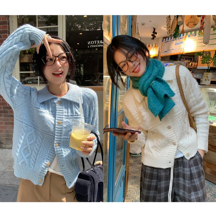 【西西里安】 爱心提花毛衣~韩版慵懒风多工编织翻领毛衣外套