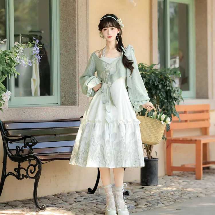 锦慕汉服郁金香之约新中式日常清新少女国风汉元素上衣连衣裙套装