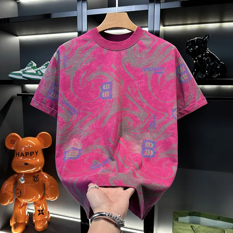 纯棉夏季高级感新款男士美式撞色印花字母轻奢短袖T恤百搭圆领潮