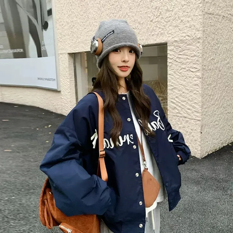 藏青色美式复古字母夹棉棒球服女2025冬休闲宽松加厚保暖棉袄棉服