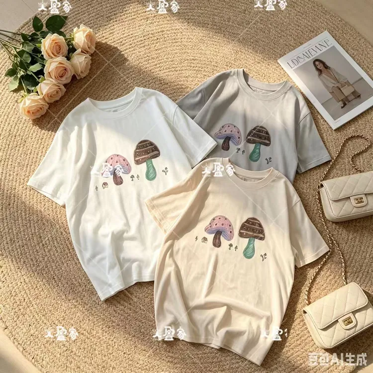 82682休闲百搭小蘑菇正肩短袖上衣