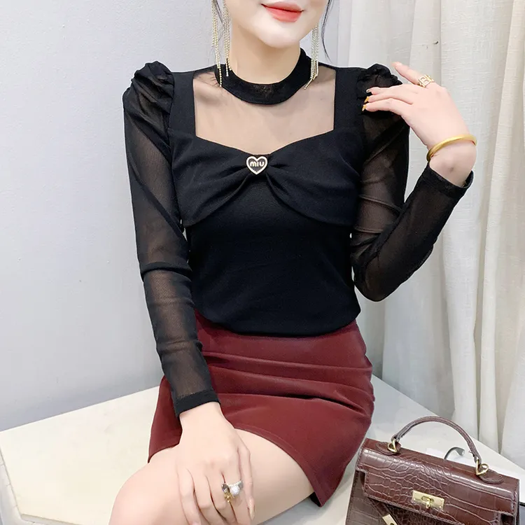 圆领网纱长袖女2025年春季新款泡泡袖纯色简约百搭T恤蝴蝶结小衫