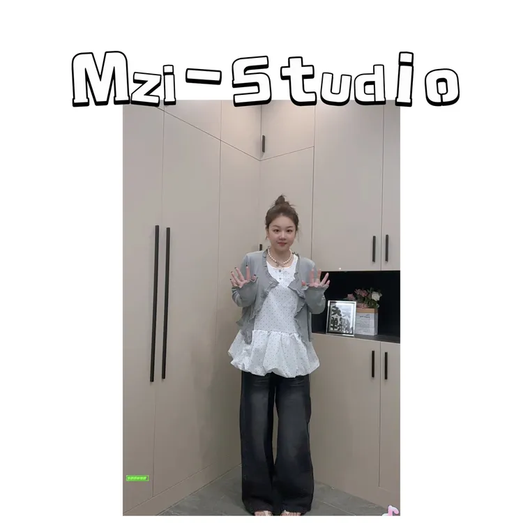 Mz-秋季新款韩系温柔显瘦波点背心+针织开衫两件套