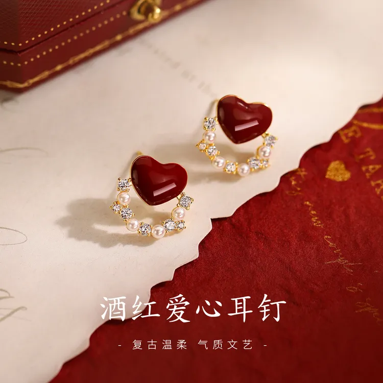 足银仿珍珠耳饰 999银针红色爱心耳钉2026马过新本命年耳环女小众
