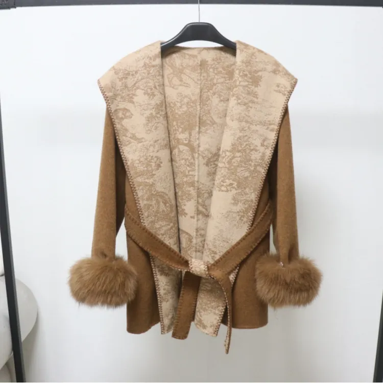 2025欧洲站羊毛双面呢大衣外套女连帽系带狐狸毛袖时尚秋冬外套