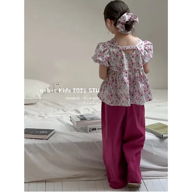 韩版女童装儿童中大童夏季时髦休闲碎花娃娃衫上衣阔腿裤2件套装