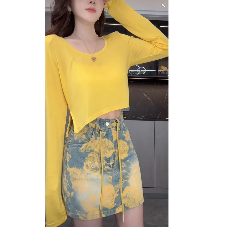 曼曼【繁花协奏~】韩版复古印花牛仔半身裙包臀短裙