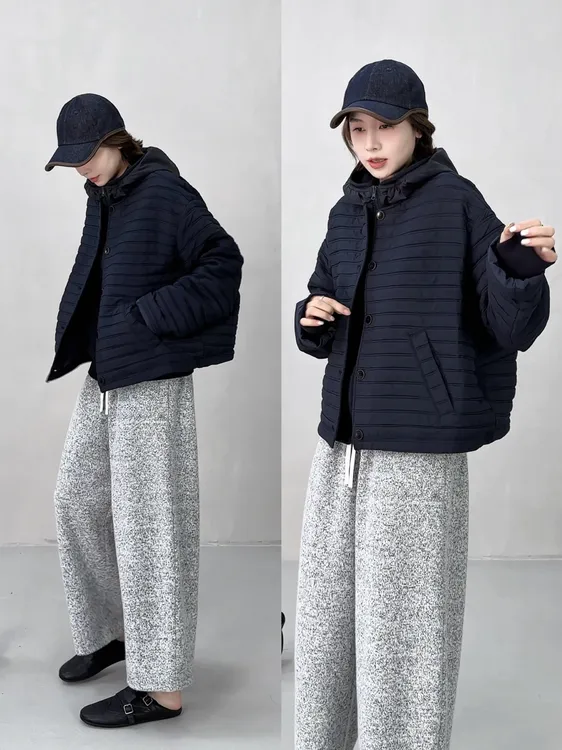 YYOUHAN 2025秋款小众设计极简风条纹圆领短款棉服外套 2509C6092