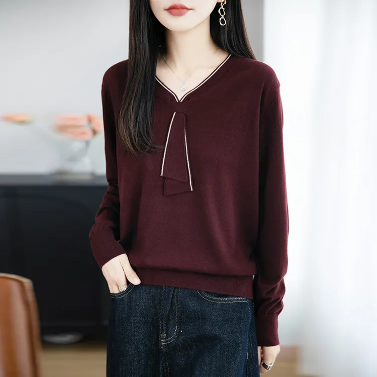 哥弟阿玛施正品秋季新款V领长袖时尚百搭毛针织衫女宽松显瘦毛衣