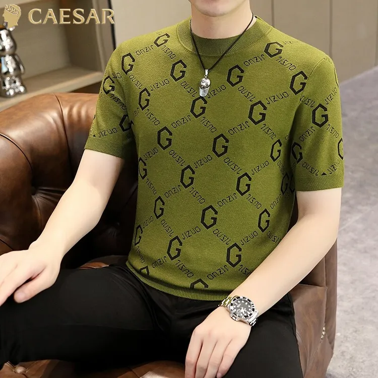 凯撒大帝针织提花男士短袖t恤春夏季薄款百搭潮流修身高级感体恤