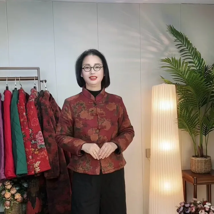 <沉香1>双层纱斜纹棉印花立领长袖修身加厚棉衣过年喜庆装2546