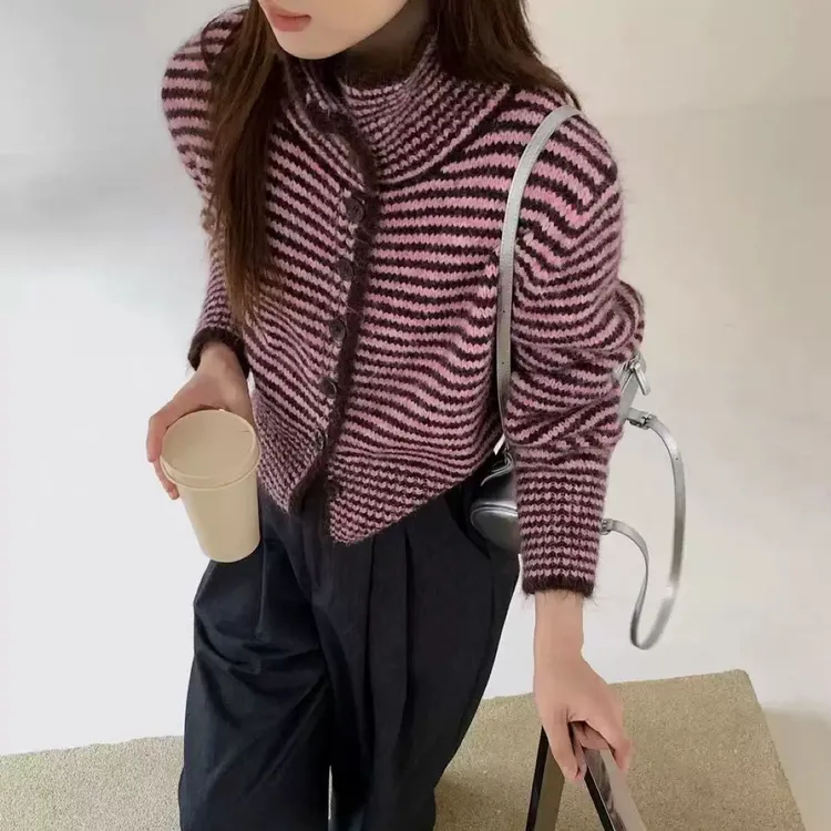 韩版早秋韩国东大门新款复古个性条纹针织翻领单排扣开衫外套上衣