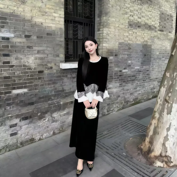 丝绒拼接圆领上衣半身裙两件套老钱风松弛感女装贵气纯欲慵懒风