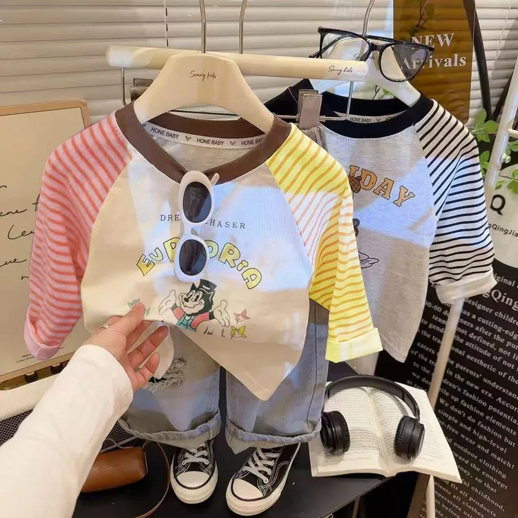 儿童长袖T恤2025春秋款中小童卫衣男童插肩拼接打底衫女童上衣潮