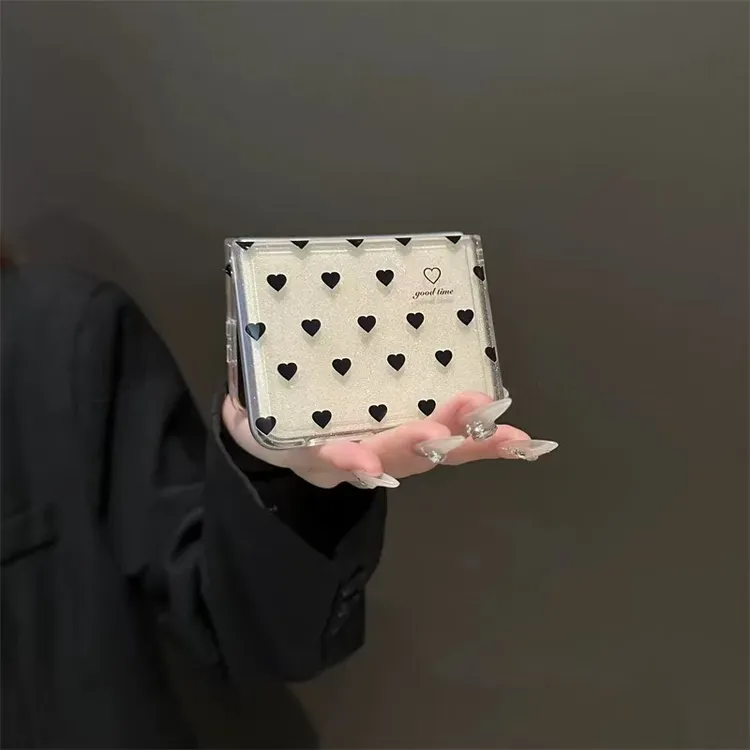 ins闪粉滴胶黑爱心适用华为purax手机壳荣耀vflip2透明硬壳女款硬