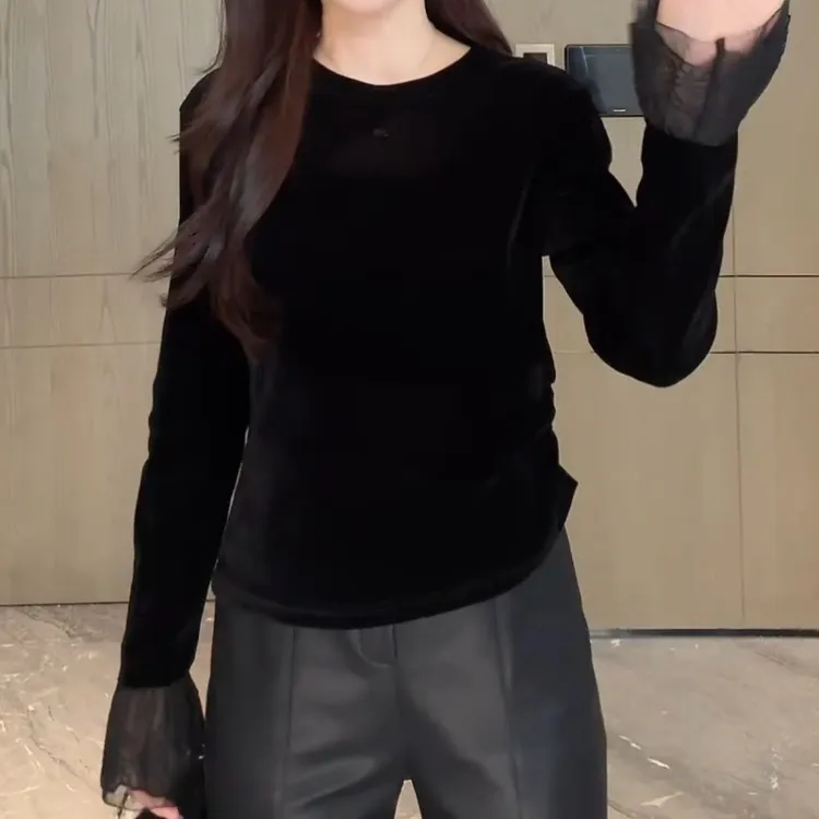 秋季丝绒圆领喇叭袖刺绣蕾丝袖口拼接长袖打底衫LK2506312