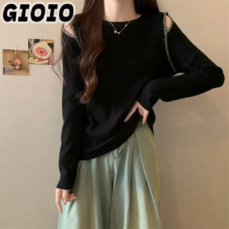 GIOIO大码女装胖妹妹长袖打底衫遮女正春秋镶钻肚子针织显瘦露肩