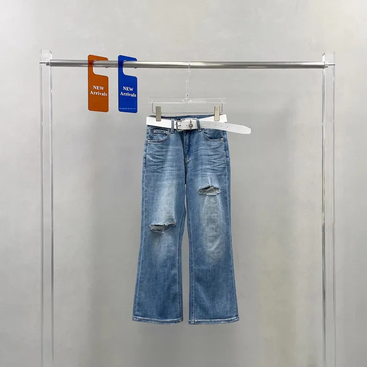 WEISU唯速夏季浅蓝色破洞薄款弹力显瘦微喇叭裤女牛仔九分裤52578