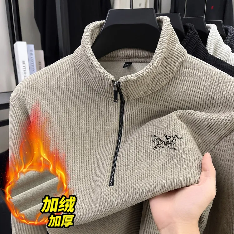 始祖新款鸟家刺绣秋冬款加绒加厚男士立领纯色卫衣长袖保暖上衣