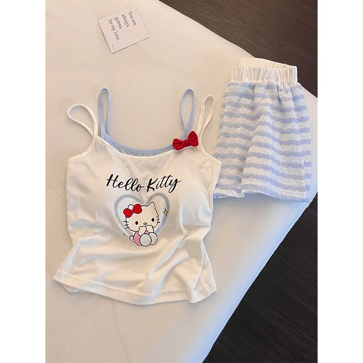 韩系可爱小清新Kitty睡衣女夏季新款假两件吊带短裤可外穿家居服