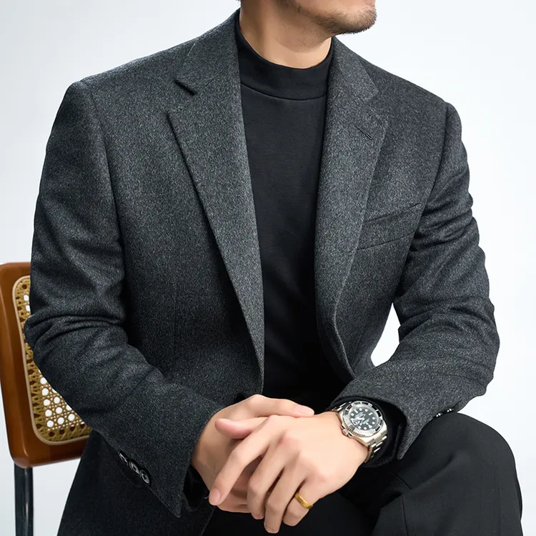 男士修身潮流西服灰色厚款秋冬双面毛呢商务加厚时尚休闲单上衣05