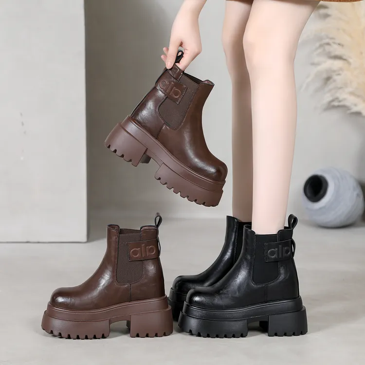 2025秋新款12CM增高松糕鞋厚底切尔西短靴女百搭小个子增高马丁靴