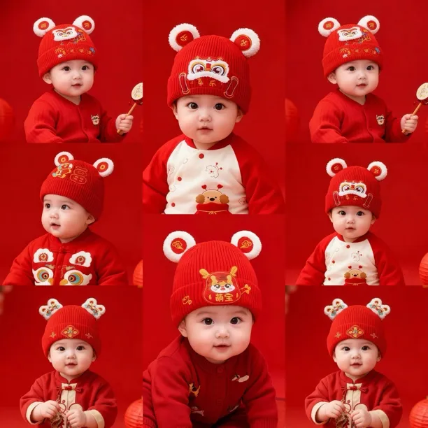婴儿帽子秋冬季红色喜庆针织毛线帽男女宝宝新年保暖护耳周岁帽子