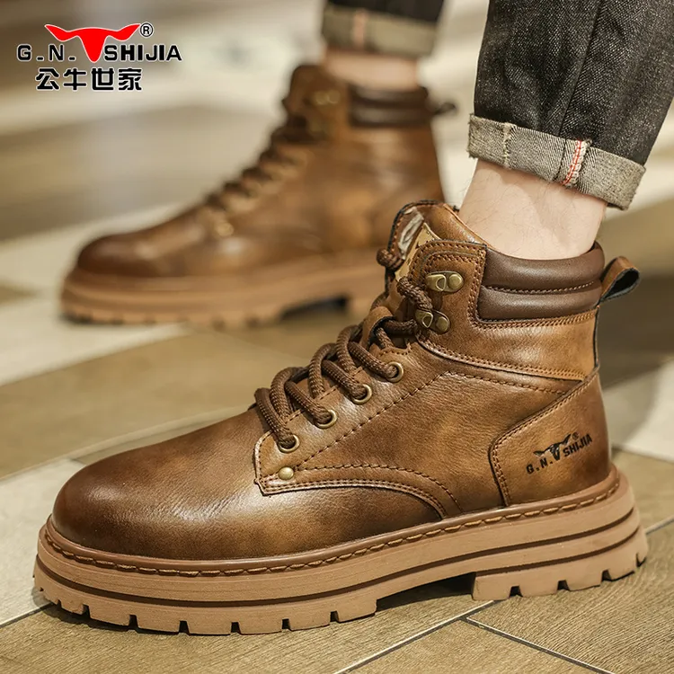 公牛世家工装靴男秋冬新款高帮男士休闲鞋潮流厚底加绒保暖棉靴男