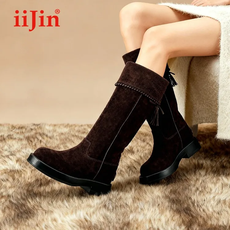 iiJin艾今25秋冬新品8cm厚底内增高波嘻风真皮流苏长筒靴女594SFB