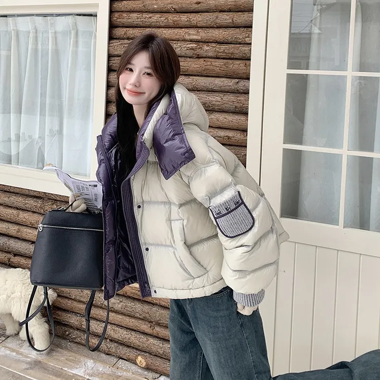 撞色拼接短款连帽龟背羽绒服女冬季2025新款韩系面包服保暖厚外套