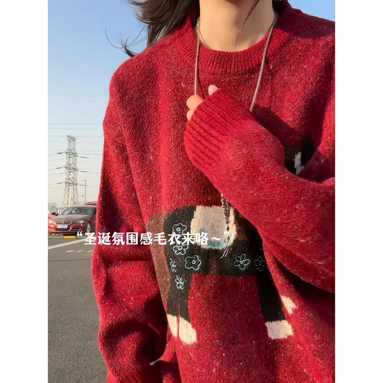 圣诞穿搭红色卫衣男冬季小马提花圆领针织衫宽松本命新年战袍上衣