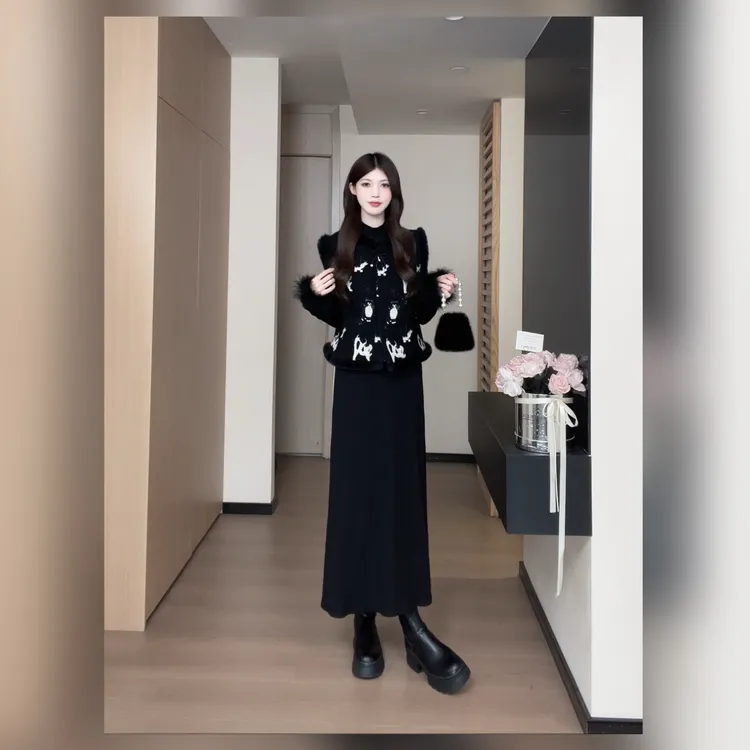 松本丧丧暗黑系毛饰长裙套装搭小猫纹毛绒背心两件套B254Q2065